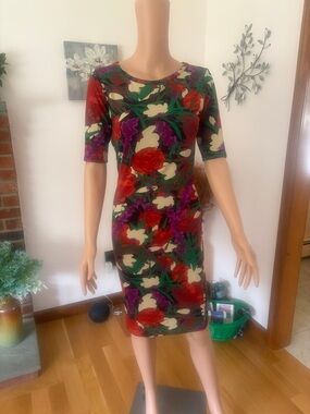 LuLaRoe Floral Midi Sheath Dress in Red, Purple, Green and Cream